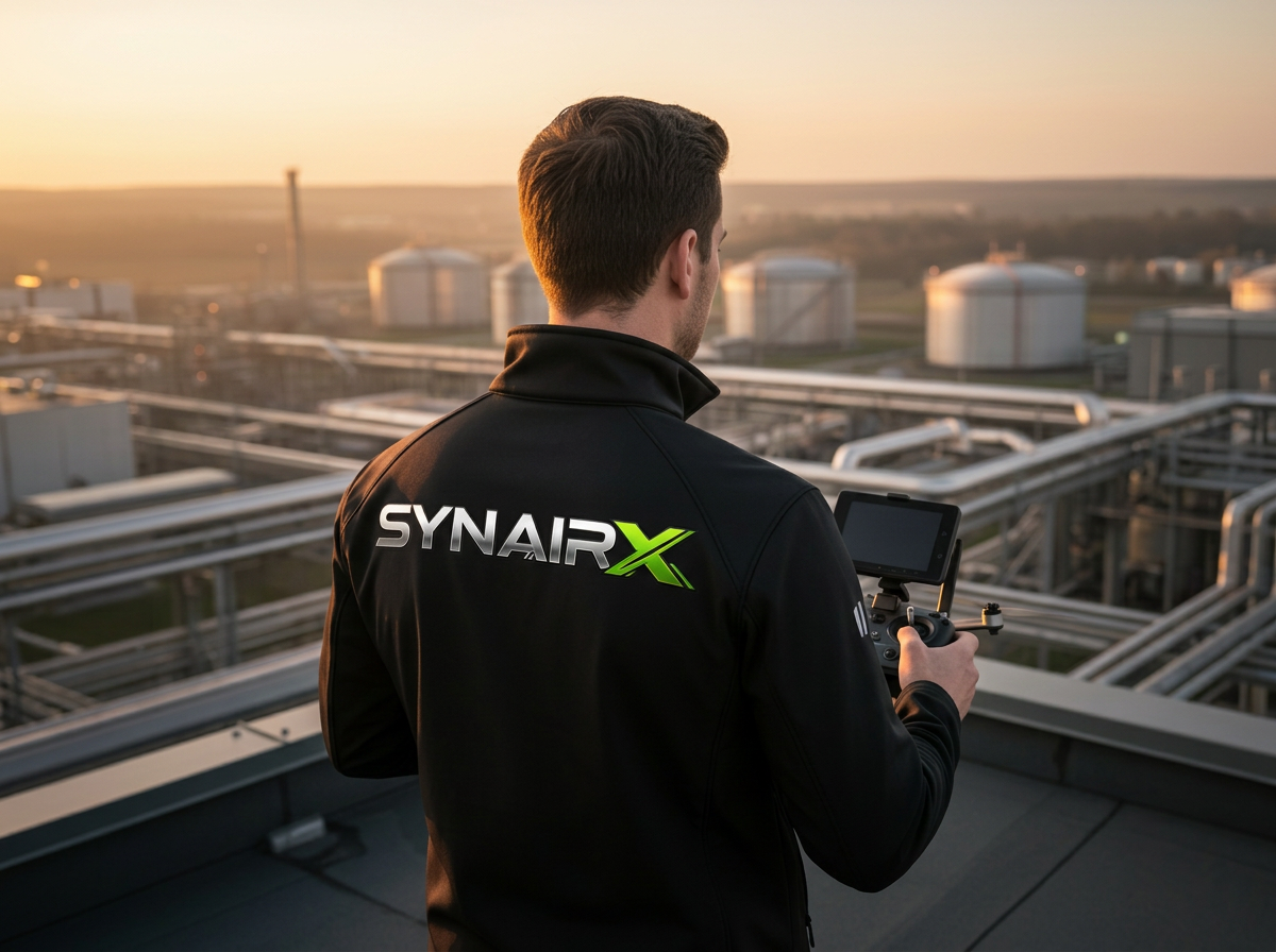 SynairX dronepiloot met controller op een industrieel dak bij zonsondergang, SynairX logo op de rug van zijn zwarte jas