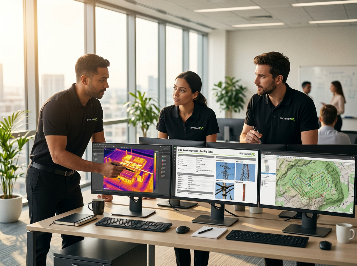 SynairX collega's overleggen rond een projecttafel in een modern kantoor